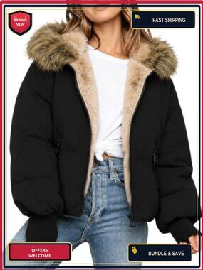 Quilted Cropped Puffer Jacket Faux Fur Hood Sherpa Lined Women's Winter Coat